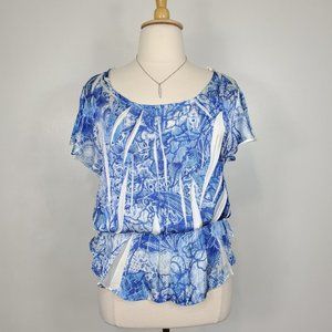 Covington Blue White Gray Charmeuse Flutter Sleeve Shirred Waist Top NEW Size XL